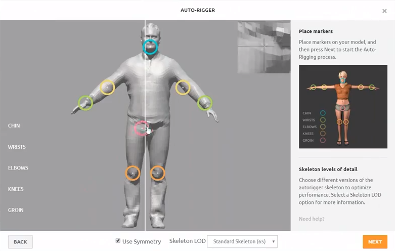 Mixamo auto-rigging placing markers